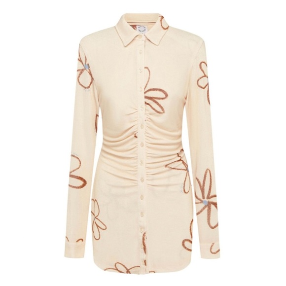 With Jean Dress Andy Textured Button-Down Mini Cream Chalk And Flowers size XS - Picture 2 of 3